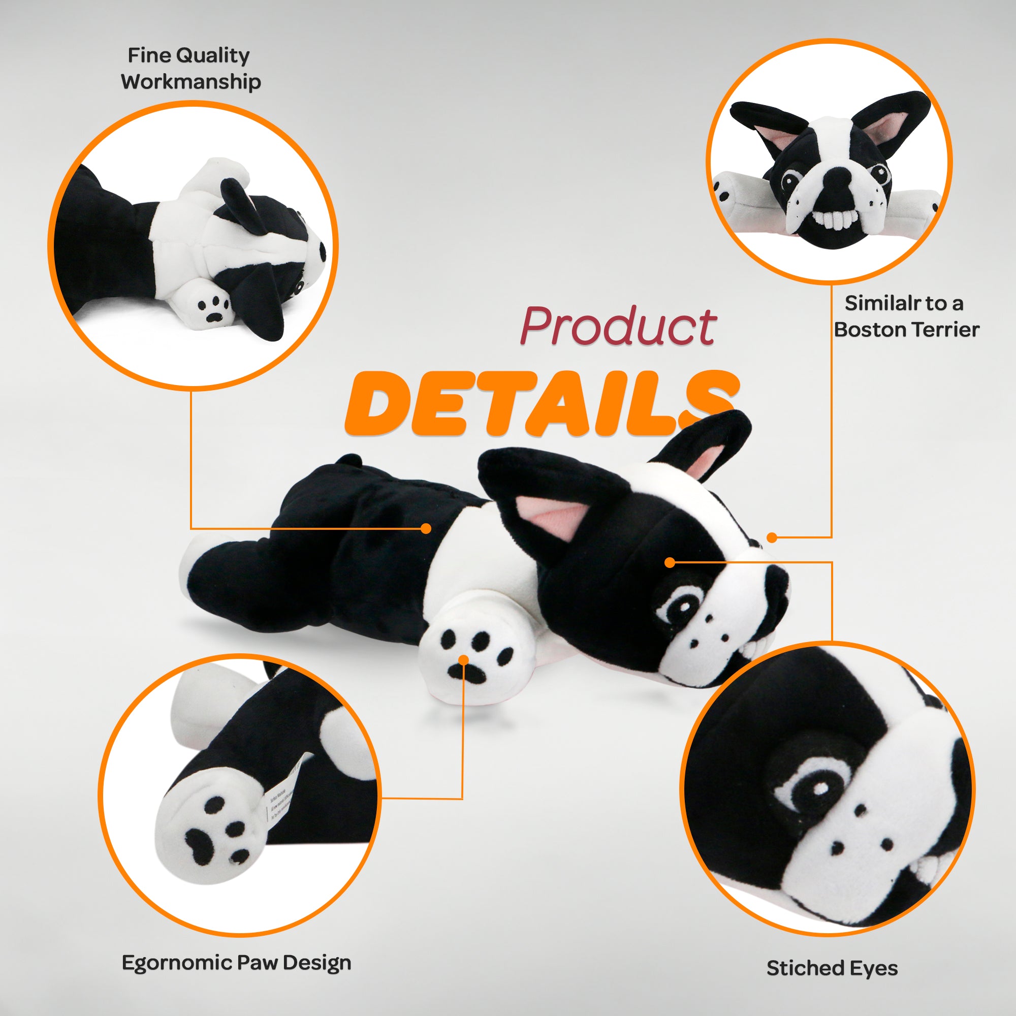 Pepper - Boston Terrier Stuffed Animal Dog Toy- Black and White Coloring